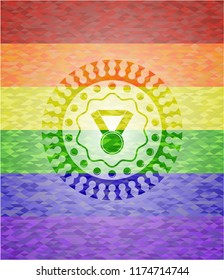 medal icon inside emblem on mosaic background with the colors of the LGBT flag