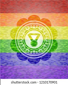 medal icon inside emblem on mosaic background with the colors of the LGBT flag