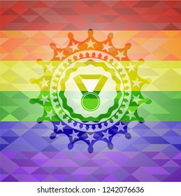 medal icon inside emblem on mosaic background with the colors of the LGBT flag