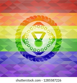 medal icon inside emblem on mosaic background with the colors of the LGBT flag