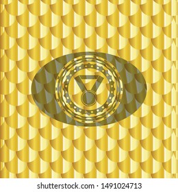 medal icon inside gold shiny emblem. Scales pattern. Vector Illustration. Detailed.