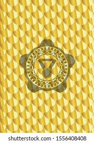 medal icon inside golden badge. Scales pattern. Vector Illustration. Detailed.