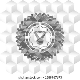 medal icon inside grey badge with geometric cube white background
