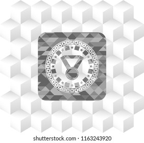 medal icon inside grey emblem with geometric cube white background