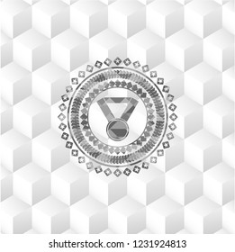 medal icon inside grey emblem with cube white background