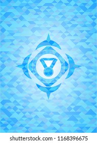 medal icon inside light blue emblem. Mosaic background