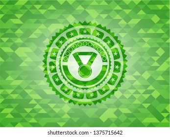 medal icon inside realistic green emblem. Mosaic background