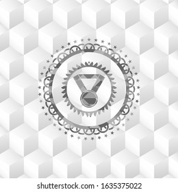 medal icon inside realistic grey emblem with geometric cube white background
