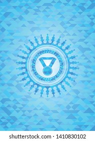medal icon inside realistic light blue emblem. Mosaic background