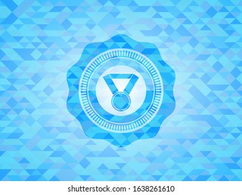 medal icon inside realistic light blue emblem. Mosaic background