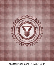 medal icon inside red emblem or badge with abstract geometric polygonal pattern background. Seamless.