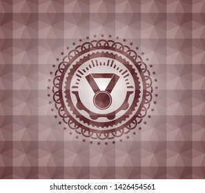 medal icon inside red emblem or badge with abstract geometric polygonal pattern background. Seamless.