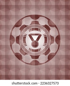 medal icon inside red emblem or badge with abstract geometric polygonal pattern background. Seamless. 