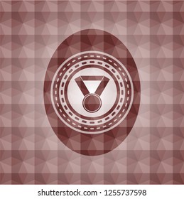 medal icon inside red seamless emblem or badge with geometric pattern background.