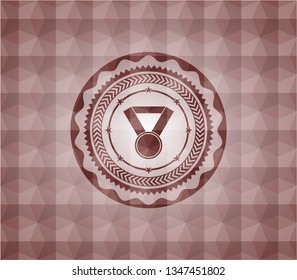 medal icon inside red seamless emblem with geometric pattern.