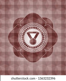 medal icon inside red seamless emblem or badge with geometric pattern background.