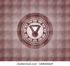 medal icon inside red seamless emblem with geometric pattern.