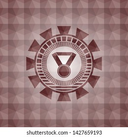 medal icon inside red seamless emblem or badge with geometric pattern background.