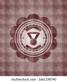 medal icon inside red seamless emblem or badge with abstract geometric pattern background.
