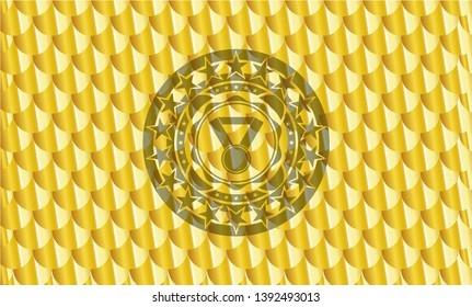 medal icon inside shiny golden emblem. Scales pattern. Vector Illustration. Detailed.