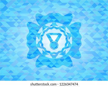 medal icon inside sky blue emblem. Mosaic background
