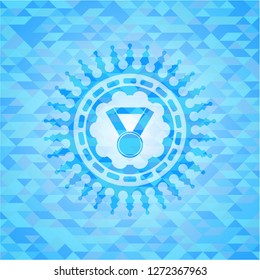 medal icon inside sky blue emblem with mosaic ecological style background