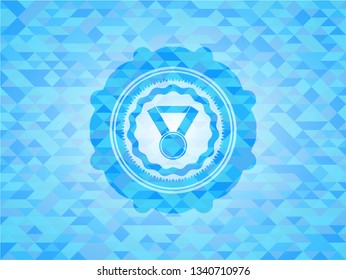 medal icon inside sky blue emblem. Mosaic background