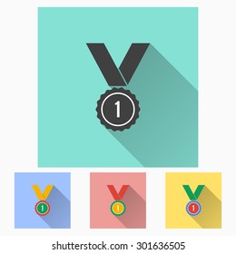 Medal  - icon with long shadow, flat design. Vector illustration