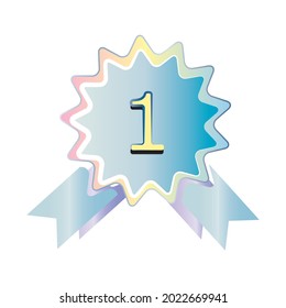 Medal icon number 1, in the shape of a circle and jagged with an ita decoration at the bottom, light blue and pink