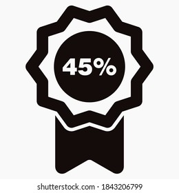 Medal icon and number forty five percent. Guarantee illustration. Winner icon. Approval label. Reward. Vector icon.