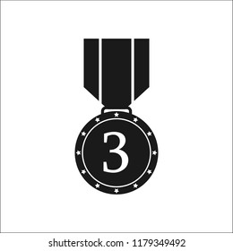 Medal icon with the number three, flat black and white image