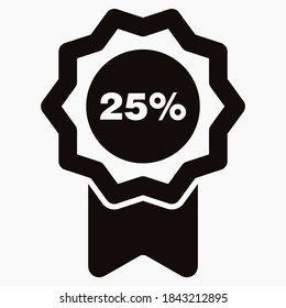 Medal icon and number twenty five percent. Guarantee illustration. Winner icon. Approval label. Reward. Vector icon.