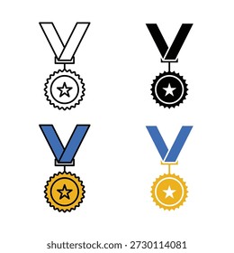 Icono de medalla en contorno y estilo sólido. Símbolo de Vector mínimo para logro, premio, victoria, éxito, competencia y uso de reconocimiento en Web, App y diseño de interfaz de usuario.