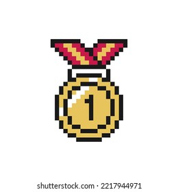 Medal icon in pixel art design isolated on white background.