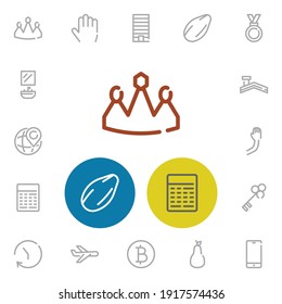 Medal icon with plane, crown and almond symbols. Set of palm, hand, kernel icons and pear concept. Editable vector elements for logo app UI design.