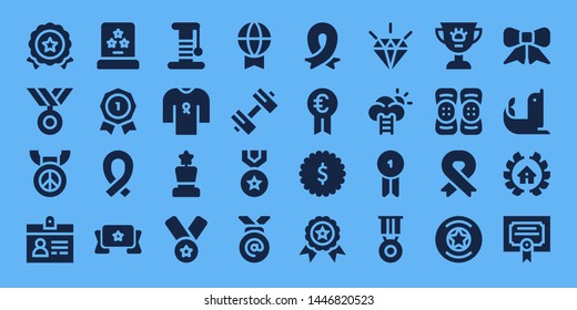 medal icon set. 32 filled medal icons. on blue background style Simple modern icons about  - Medal, Accreditation, Award, Insignia, Ribbon, Banner, Scratcher, Prize, Sport, Badge