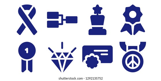  medal icon set. 8 filled medal icons. Simple modern icons about  - Badge, Ribbon, Quality, Competition, Reward, Award, Medal