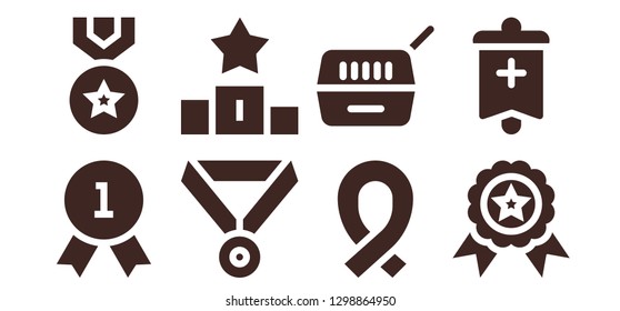  medal icon set. 8 filled medal icons. Simple modern icons about  - Quality, Medal, Podium, Ribbon, Pet, Winner, Banner