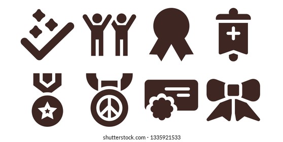 medal icon set. 8 filled medal icons.  Collection Of - Medal, Success, Reward, Quality, Ribbon, Banner
