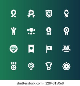 medal icon set. Collection of 16 filled medal icons included Ribbon, Medal, Ribbons, Badge, Quality, Prize, Award, Reward, Success, Police badge, Paw ribbon