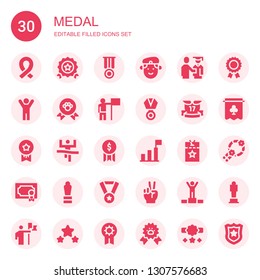 medal icon set. Collection of 30 filled medal icons included Ribbon, Quality, Medal, Militar, Proud, Success, Winner, Ribbons, Medals, Award, Vip pass, Victory, Prize, Banner