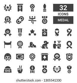 medal icon set. Collection of 32 filled medal icons included Medal, Laurel, Award, Victory, Dog food, Police badge, Winner, Banner, Seal, Ribbon, Proud, Pet, Vip pass, Paw ribbon