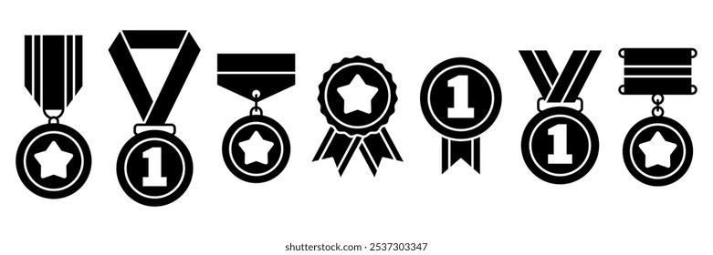 Medal Icon Set. Collection black line of Achievement Award Medal with Ribbon Icons Military, sport, gold, silver, bronze, certificate, champion, winner, rank, trophy flat isolated on white background.