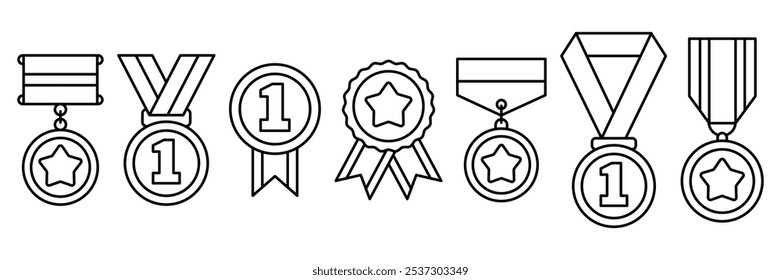 Conjunto de iconos de medalla. Colección línea negra de la Medalla del Premio al Logro con Iconos de Cinta Militar, deporte, oro, plata, bronce, certificado, campeón, ganador, rango, trofeo plano aislado sobre fondo blanco.