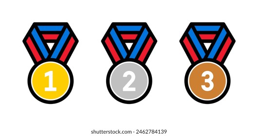 Medal Icon Set. Collection of Sports Achievement Award Medals. Golf, Silver and Bronze Award Medal Symbols. Vector Illustration.
