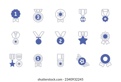 Medal-Symbol-Set. Duotone Stil Linie Strich und fett. Vektorgrafik. Mit Medaille, Abzeichen, Ehrenmedaille, Silbermedaille, Dekoration, Medaillen.