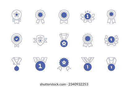 Medal-Symbol-Set. Duotone Stil Linie Strich und fett. Vektorgrafik. Inklusive Insignien, Prämien, Belohnung, Abzeichen, Medaille, Lorbeerkranz, Goldmedaille.