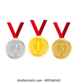 Medal icon set. Gold, silver and bronze medal with ribbon isolated on white background. 1st,  2nd, 3rd place award or winner sign. Vector illustration.