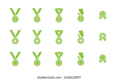 Medal icon set. Green color pictograms isolated on a white background. Honor, Awards and Achievements signs. Winner emblem symbo. Flat vector illustration.