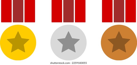 Medal Icon Set including Top 3 Three 1st Gold 2nd Silver 3rd Bronze Winner Prize Badge Awards with Star and Ribbon. Vector Image.